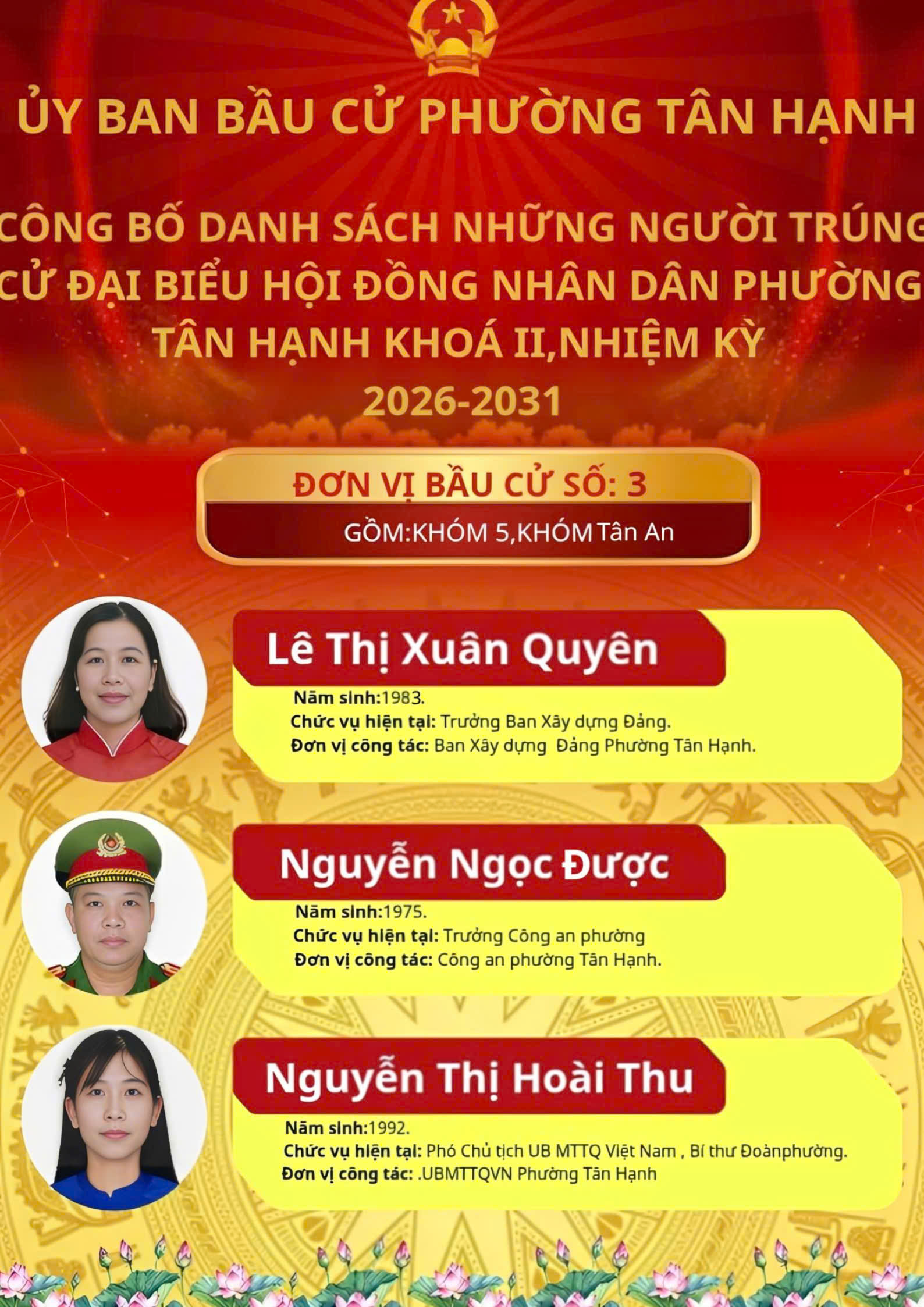 ỦY BAN BẦU CỬ PHƯỜNG TÂN HẠNH CÔNG BỐ DANH SÁCH NHỮNG NGƯỜI TRÚNG CỬ ĐẠI BIỂU HỘI ĐỒNG NHÂN DÂN PHƯỜNG TÂN HẠNH KHÓA II, NHIỆM KỲ 2026 – 2031 ĐƠN VỊ BẦU CỬ SỐ: 3 GỒM: KHÓM 5, KHÓM TÂN AN